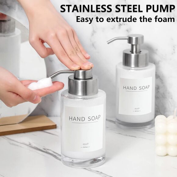 Glass Soap Dispenser Set 12oz with Stainless Steel Pump, Waterproof Labels - Picture 5 of 13